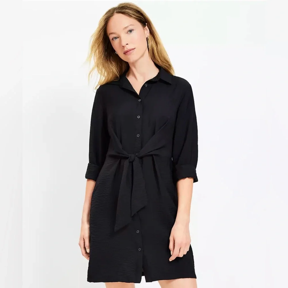 LOFT Dahlia Tie Front Mini Shirtdress - size 0P - Picture 1 of 6